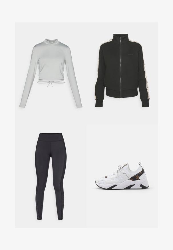 Must mustrine vetruppari kõrge kaelusega, millel on kontrastsed külgtriibud ja logo detail esiküljel. Valmistatud pehmest, tekstuurilisest materjalist.; Helehall pikendatud varrukatega crop top, millel on vale krae. Valmistatud siledast ja elastsel kangast, millel on alläärte pael.; Mustad mustad, mis on valmistatud venivast materjalist. Kõrge vöökoht, sile tekstuur, millel on mustritooted sääres.; Valge tenniseking, millel on vahvli- ja sünteetilised materjalid, mustad ja pruunid aktsendid, tekstureeritud küljed ning silmapaistev logo. Kummist talla.