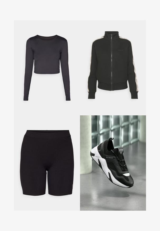 Fekete zipzáros dzseki magas gallérral, kontrasztos oldalsávokkal és logórészlettel az elülső részen. Puha, texturált anyagból készült.; Hosszú ujjú, fekete, cropped top, sima anyagból készült. Kerek nyakkivágással és testhez simuló sziluettel rendelkezik, finom hemstitching-gel.; Fekete bordás kerékpáros rövidnadrág, testhezálló fazonnal és sima derékkal. Finom varrásokkal és egy kis logómintával az oldalon.; Fekete-fehér sportcipők hálós felsőrésszel, textúrázott betétekkel és hangsúlyos logóval a nyelvén. Jellemzője egy párnázott talp a kényelem érdekében.