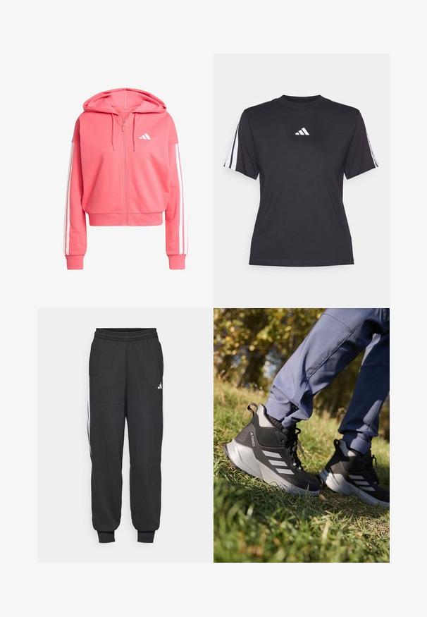 Rózsaszín, cipzáras kapucnis pulóver, puha anyagból készült. Kapucnival rendelkezik, a hónalj szerkezeten fehér háromcsíkos díszítéssel, és egy kis fehér logóval a mellkason.; Fekete sportpóló, puha anyagból, kerek nyakkivágással, rövid ujjakkal, és mindkét vállon három fehér csíkkal. Fehér logó a mellkasán.; Fekete sporttászok rugalmas derékkal, szűkült bokákkal és fehér oldalsávval. Puha anyagból készült, sima textúrával.; Fekete és szürke túracipők texturált felsőrésszel, párnázott talppal és három ezüstcsíkos díszítéssel. Kültéri tevékenységekhez tervezve.