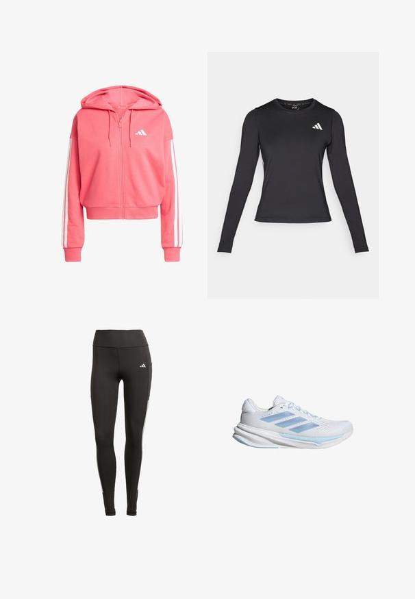 Różowa bluza z kapturem wykonana z miękkiego materiału. Ma kaptur, białe akcenty w formie trzech pasków na rękawach oraz małe białe logo na klatce piersiowej.; Czarna, długa koszulka sportowa z długim rękawem, wykonana z gładkiego, elastycznego materiału. Posiada białe logo na piersi. Dopasowany krój z okrągłym dekoltem.; Czarne legginsy wykonane z elastycznego materiału, z wysokim stanem, białymi paskami po bokach oraz kieszonką boczną dla wygody.; Białe buty do biegania z jasnoniebieskimi akcentami, przewiewna górna część z siateczki, trzy paski w designie, wyściełana podeszwa oraz teksturowana podeszwa zapewniająca przyczepność.