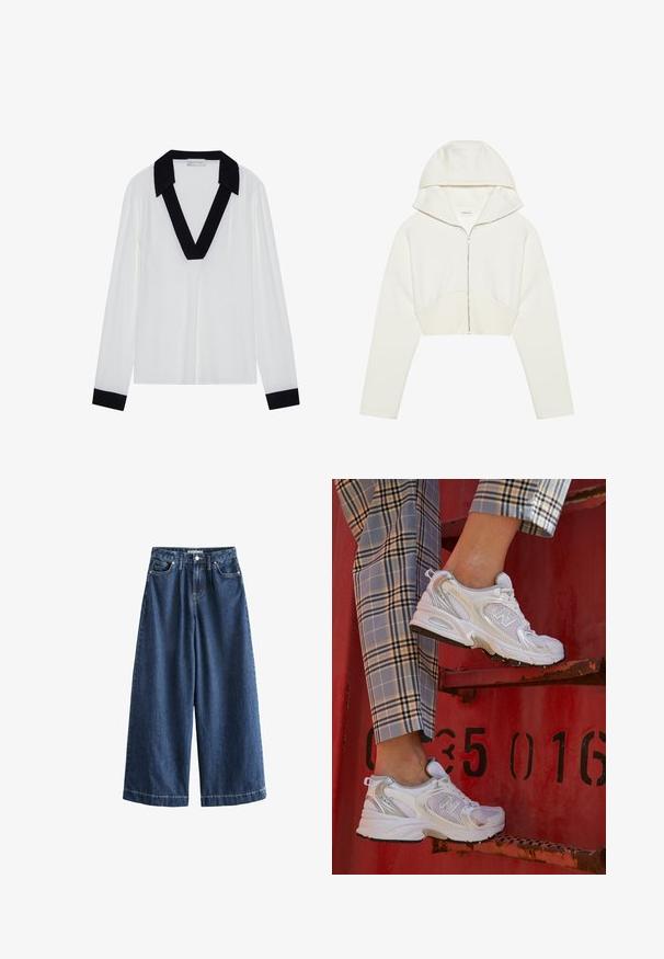 Valkoinen lyhyt cropped-huppari, jossa on huppu, pehmeää kangasta, pitkät hihat ja saumaerottelu edessä. Silkkinen pinta ja metallivetoketju.; Valkoinen pitkähihaisuus paita, jossa on musta V-mallinen kaulus ja mustat hihansuut. Sujuva kangas, rento leikkaus ja minimalistinen muotoilu.; Laadukkaat tummansiniset leveälahkeiset farkut. Valmistettu kestävästä puuvillasta, joissa on korkea vyötärö, etutaskut ja suorat, lyhyet lahkeet näkyvillä ompeleilla.; Valkoiset verkkokengät hopea-yksityiskohdilla ja teksturoidulla pohjalla, aseteltuna punaiselle pinnalle, yhdistettynä ruudullisiin housuihin.