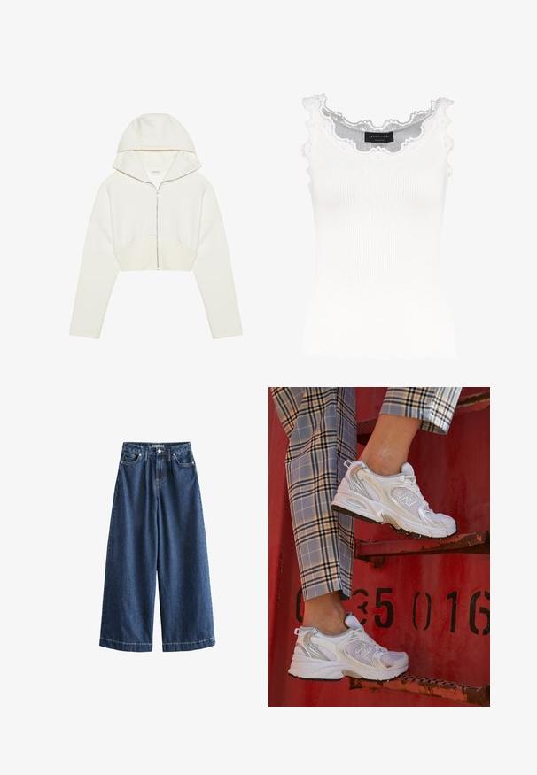 Valkoinen lyhyt cropped-huppari, jossa on huppu, pehmeää kangasta, pitkät hihat ja saumaerottelu edessä. Silkkinen pinta ja metallivetoketju.; Valkoinen ribattu hihaton paita, jossa on pitsireunus kaula-aukossa ja hihoissa. Ominaisuutena pehmeä rakenne ja tiukka malli. Brändilogo näkyvissä sisäpuolella.; Laadukkaat tummansiniset leveälahkeiset farkut. Valmistettu kestävästä puuvillasta, joissa on korkea vyötärö, etutaskut ja suorat, lyhyet lahkeet näkyvillä ompeleilla.; Valkoiset verkkokengät hopea-yksityiskohdilla ja teksturoidulla pohjalla, aseteltuna punaiselle pinnalle, yhdistettynä ruudullisiin housuihin.