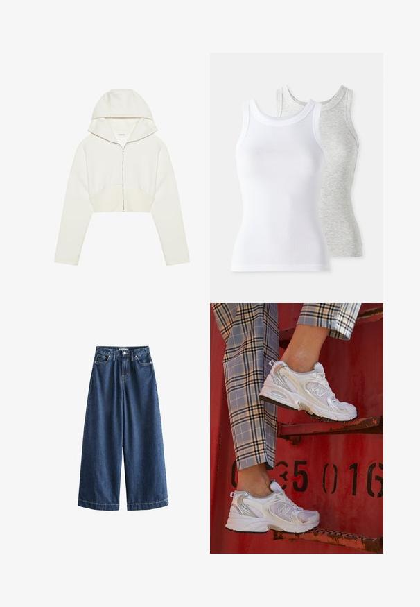 White cropped zip-up hoodie with a hood, soft fabric, long sleeves, and a seam detail across the front. Smooth texture and metallic zipper.; Two sleeveless tank tops: one white, ribbed texture, and one light gray with a subtle heather pattern. Both have round necklines.; Wide-leg denim trousers in dark blue. Made from sturdy cotton, featuring a high waist, front pockets, and straight, cropped hems with visible stitching.; White mesh sneakers with silver accents and a textured sole, positioned on a red surface, paired with plaid trousers.