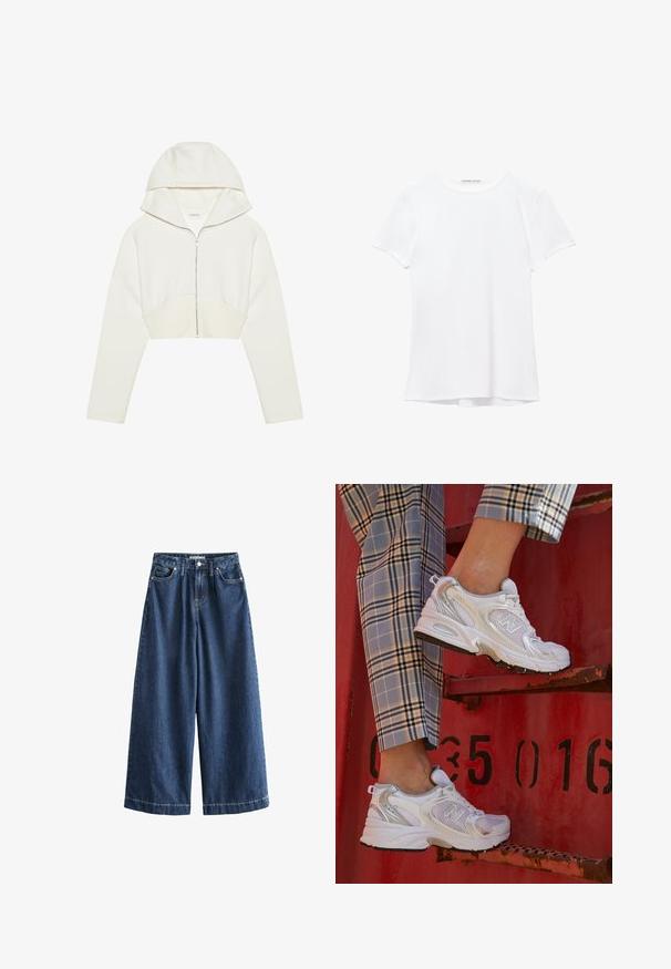 Valkoinen lyhyt cropped-huppari, jossa on huppu, pehmeää kangasta, pitkät hihat ja saumaerottelu edessä. Silkkinen pinta ja metallivetoketju.; Valkoinen lyhythihainen t-paita, joka on valmistettu sileästä kankaasta, ja jossa on pyöreä pääntie sekä hillityt ompelutiedot helmassa.; Laadukkaat tummansiniset leveälahkeiset farkut. Valmistettu kestävästä puuvillasta, joissa on korkea vyötärö, etutaskut ja suorat, lyhyet lahkeet näkyvillä ompeleilla.; Valkoiset verkkokengät hopea-yksityiskohdilla ja teksturoidulla pohjalla, aseteltuna punaiselle pinnalle, yhdistettynä ruudullisiin housuihin.