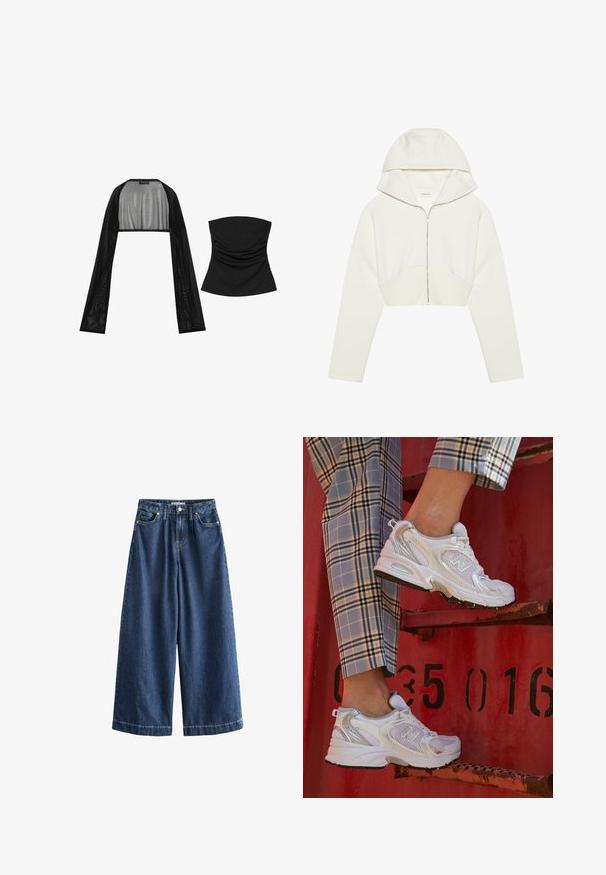 Weißer, taillierter Zip-Hoodie mit Kapuze, weichem Stoff, langen Ärmeln und einer Nahtdetails auf der Vorderseite. Glatte Textur und metallischer Reißverschluss.; Schwarze, durchsichtige Langarm-Cardigan kombiniert mit einem enganliegenden, kurzen schwarzen Oberteil mit raffiniertem Design. Beide Kleidungsstücke besitzen eine glatte Textur.; Hellebeiniges Denim-Hosen aus dunkelblauem Stoff. Hergestellt aus robustem Baumwollmaterial, mit hoher Taille, vorderen Taschen und geraden, verkürzten Säumen mit sichtbaren Nähten.; Weiße Mesh-Sneaker mit silbernen Akzenten und einer strukturierten Sohle, platziert auf einer roten Oberfläche, kombiniert mit karierter Hose.