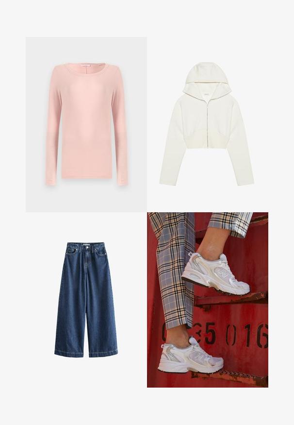 Balta trumpa užtrauktuko džemperio striukė su gobtuvu, minkšta medžiaga, ilgos rankovės ir siuvinėjimas per priekį. Lygi tekstūra ir metalinis užtrauktukas.; Ilga rankovė, apvalaus kaklo marškinėliai minkštos rožinės spalvos audinyje, su paprastu dizainu ir lygia tekstūra. Nėra matomų raštų ar akcentų.; Tamsiai mėlynos plačios kojų džinsinės kelnės. Pagamintos iš tvirto medvilnės, su aukštu juosmeniu, priekinėmis kišenėmis ir tiesiomis, trumpintomis apatėmis, turinčiomis matomus siūlus.; Balti nėriniai sportbačiai su sidabriniais akcentais ir tekstūruota padu, padėti ant raudonos paviršiaus, derinami su languotomis kelnėmis.