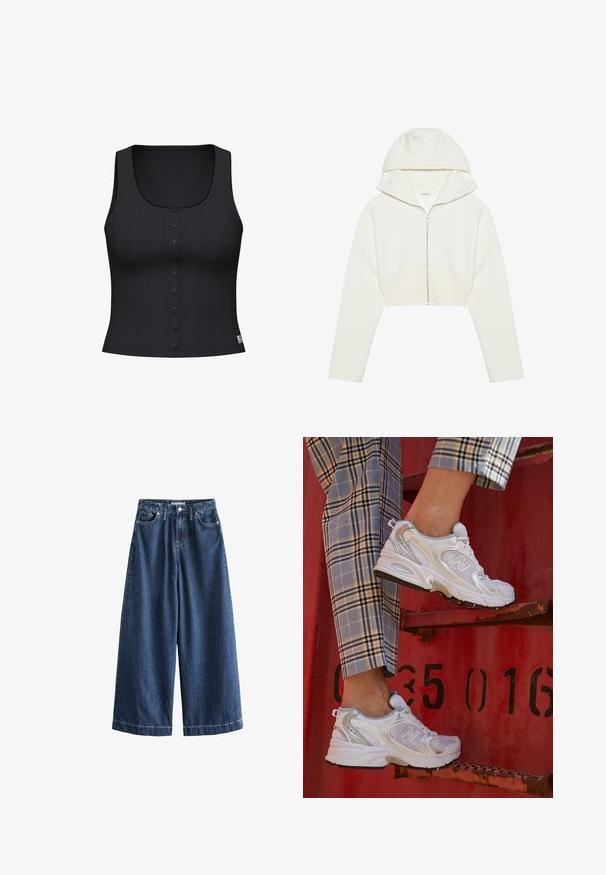 Vit croppad zip-up hoodie med huva, mjukt tyg, långa ärmar och en sömdetalj över framsidan. Slät yta och metallisk dragkedja.; Svart linne med rundad ringning, ribbad textur och en rad av sex knappar fram. Har dekorativ sömnad längs kanterna.; Breda denimbyxor i mörkblått. Tillverkade av slitstark bomull, med hög midja, framfickor och raka, beskurna vida ben med synlig sömnad.; Vita nät-sneakers med silverdetaljer och en texturerad sula, placerade på en röd yta, tillsammans med rutiga byxor.