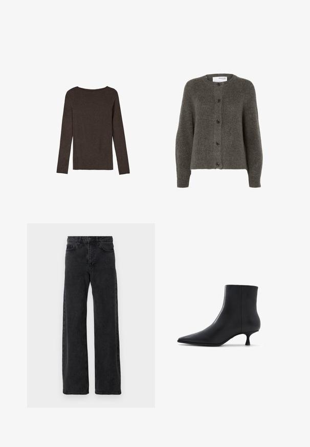 Koolgrijze cardigan van zachte stof, met een ronde hals, lange mouwen en vijf knoopsluitingen aan de voorkant.; Lange mouwen bruine top gemaakt van textuurstof, met een ronde halslijn en een eenvoudige, getailleerde silhouet zonder zichtbare versieringen.; Zwarte denim jeans met een wijd pijpdesign, voorzien van de klassieke vijf-pocket stijl, knoopsluiting en subtiele vervaging.; ALDO EMMALIE - Lage laarzen - black