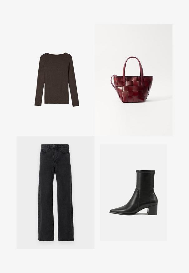 Kolebrun cardigan lavet af blødt stof, med rund hals, lange ærmer og fem knaplukninger foran.; Langærmet brun top lavet af struktureret stof, med en rund halsudskæring og en simpel, tætsiddende silhuet uden synlige udsmykninger.; Sorte denimjeans med bred ben-design, der har en klassisk fem-lomme stil, knaplukning og diskret falmning.; Sorte ankelstøvler lavet af glat læder, med spids tå, en blokhæl og markant hævet syning ved den øverste kant.; Vevet bordeaux læder tote taske med to korte håndtag og en aftagelig skulderrem. Har en struktureret form og en glat overflade.