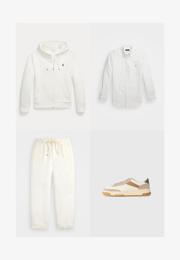 Balta užtraukiama džemperis, pagamintas iš minkštos medžiagos, su kengūros tipo kišene, reguliuojama gobtuve ir mažą juodą logotipą kairėje krūtinės pusėje.; Balta marškiniai su šviesiai mėlynomis vertikaliomis juostelėmis, ilgomis rankovėmis, priekyje suknelėmis ir mažas siuvinėjimas kairėje krūtinės pusėje.; Šviesiai kreminės spalvos, laisvalaikio kelnės iš minkštos medžiagos. Turi elastinį juosmenį su raišteliais ir siaurėjantį kojų dizainą.; Bežiniai, kreminiai ir alyviniai sportbačiai, pagaminti iš zomšos ir odos, su apvaliu pirštu, minimalistiniu dizainu ir guminėmis padangomis.