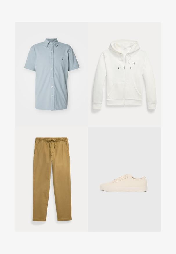 Vit zip-up hoodie i mjukt tyg, med en känguruficka, dragsko i huvan och en liten svart logotyp på vänster bröst.; Polo Ralph Lauren FEATHERWEIGHT MESH SHIRT - Skjorta - vessel blue; Khaki raka byxor med elastisk midja och frontdragband, utrustade med snedställda framfickor och sydda fållar.; Beige canvas sneakers med rund tå, platt gummisul och snörning framtill. Har en minimal design och en kontrasterande svart accent vid hälen.