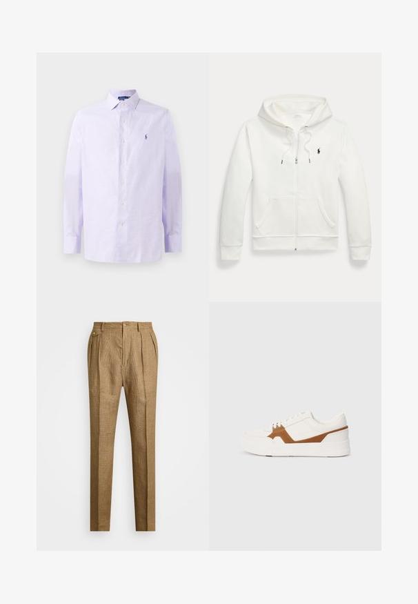 Bela zip-up kapuca izdelana iz mehke tkanine, s kengurujskim žepom, kapuco s vrvico in majhnim črnim logotipom na levi prsni strani.; Svetlo vijolična košulja s kariranim vzorcem, klasičnim ovratnikom, dolgimi rokavi in majhnim vezenim logotipom na prsih.; Rjave karirane hlače z oblikovanim krojem, z nabranim sprednjim delom, dvema stranskima žepoma in gumbom za zapiranje. Gladka tekstura z prilagojenim dizajnom.; Beli športni copat z rjavimi semenskimi dodatki, z teksturirano površino, okroglo konico, debelim podplatom in tradicionalnim vezalkam.