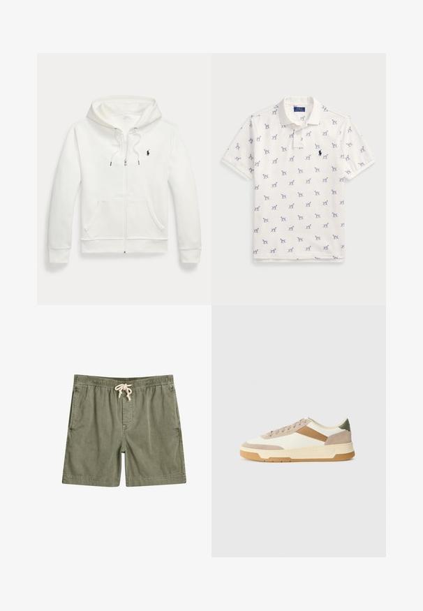 Valge tõmblukuga kapuutsiga sviiter, mis on valmistatud pehmest kangast, omades känguru taskut, reguleeritavat kapuutsi ning väikest musta logo vasakul rinnal.; Valge puuvillane polo särk, millel on korduv sinine koera muster ja väike sinine logo rinnal. Lühikesed varrukad ja krae.; Õlivilja rohelised lühikesed püksid pehmest kangast, millel on elastne vöökoht ja pael, kaks küljetaskut ja mugav lõige.; Beige, kreemi ja oliivroheline spordijalats, mis on valmistatud nahast ja sametmaterjalist, ringikujulise varbaga, minimalistliku disainiga ja kummist tallaga.