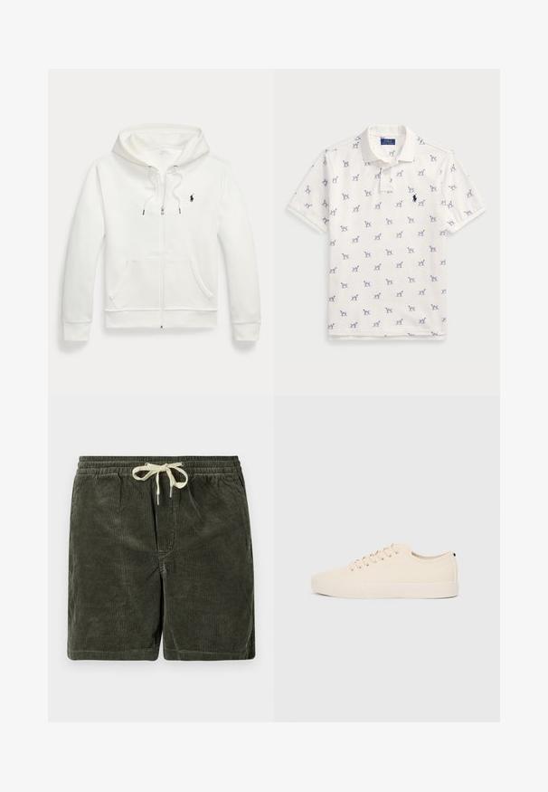 Moleton branco com fecho éclair, feito de tecido suave, apresentando um bolso canguru, capuz com cordão e um pequeno logótipo preto no lado esquerdo do peito.; Camisola polo branca feita de algodão, com um padrão repetido de cães azuis e um pequeno logotipo azul no peito. Mangas curtas e colarinho.; Bermudas de corduroy verde-escuro com um cinto de cordão ajustável. Apresenta textura riscada verticalmente e extremidades do cordão com ponta de metal.; Sapatilhas de lona bege com biqueira redonda, sola de borracha plana e atacadores à frente. Apresentam um design minimalista e um detalhe preto contrastante no calcanhar.