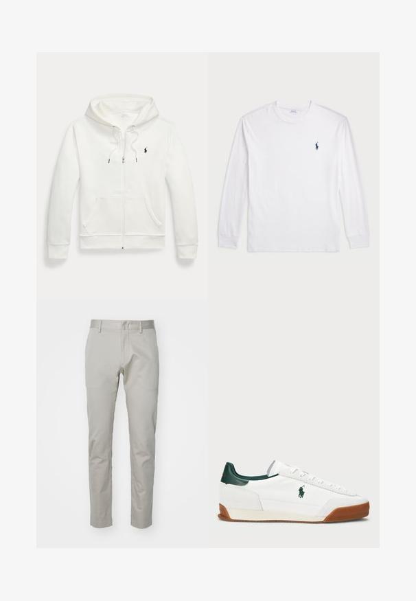 Moleton branco com fecho éclair, feito de tecido suave, apresentando um bolso canguru, capuz com cordão e um pequeno logótipo preto no lado esquerdo do peito.; Camisola de manga longa branca feita de algodão. Apresenta um decote redondo, punhos canelados e um pequeno logótipo de polo azul-marinho no lado esquerdo do peito.; Calças de algodão cinza claro com um design de pernas retas, frente lisa e sem bolsos ou enfeites visíveis. Textura suave, acabamento simples.; Sapatilha branca com detalhes em pele verde e sola em borracha bege. Apresenta um corpo em tecido e um logótipo proeminente na lateral. Design com atacadores.