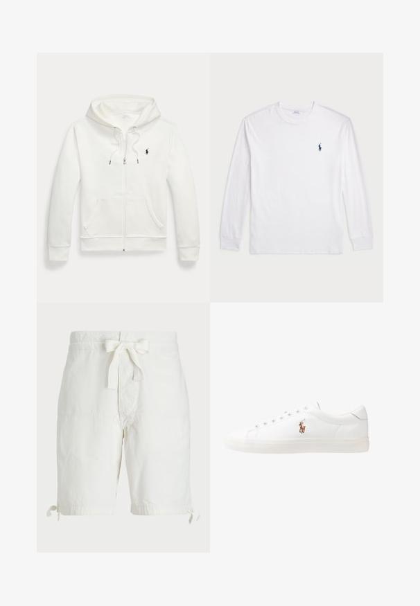 Balta užtraukiama džemperis, pagamintas iš minkštos medžiagos, su kengūros tipo kišene, reguliuojama gobtuve ir mažą juodą logotipą kairėje krūtinės pusėje.; Balta ilgomis rankovėmis marškinėliai iš medvilnės. Gali būti apvalios formos kaklas, raukšlės ant rankovių, ir nedidelis tamsiai mėlynas polo logotipas kairėje krūtinės pusėje.; Baltos medvilnės šortai su raišteliu juosmenyje, suktas apvadas su raišteliais ir lygūs priekiniai kišenės. Lygi, lengva audinio tekstūra.; Baltos odinės sportbačiai, žemo profilio, su lygia tekstūra, apvalia nosimi, raištelių sistema priekyje ir mažyte siuvinėta logo šone.