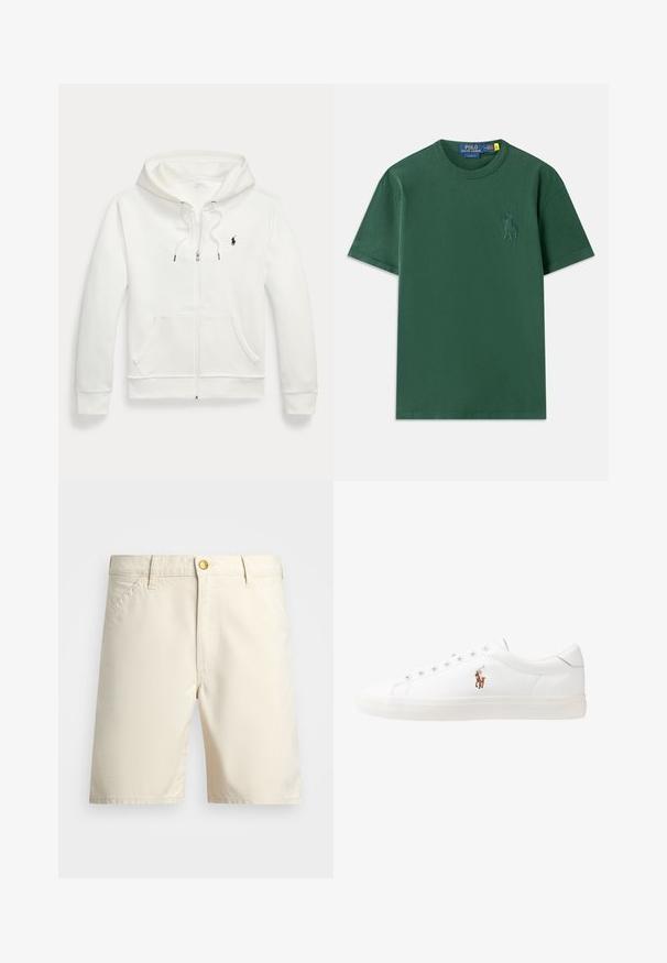 Balta kapuce ar rāvējspīgu, izgatavota no mīksta auduma, ar kangaru kabatu, pielāgojamu kapuci un mazu melnu logotipu kreisajā krūtī.; Zaļš kokvilnas T-krekls ar klasisku piegriezumu, kas piedāvā smalku izšūtu logotipu krūšu daļā. Apaļš kakla izgriezums un īsas piedurknes.; Bežīgi šorti, kas izgatavoti no viegla auduma, ar pogu aizdari, jostas cilpiņām un sānu kabatām. Vienkārša dizaina ar tīrām līnijām.; Baltas ādas sporta apavi, zema dizaina, ar gludu tekstūru, noapaļotu purngalu, ar auklēm priekšpusē un nelielu izšūtu logotipu sānos.