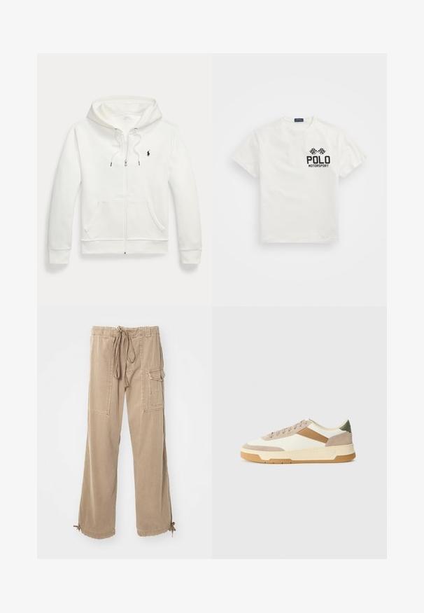 Balta užtraukiama džemperis, pagamintas iš minkštos medžiagos, su kengūros tipo kišene, reguliuojama gobtuve ir mažą juodą logotipą kairėje krūtinės pusėje.; Balta medvilninė marškinė su apvaliu kaklu, su juodu "Polo Motorsport" logotipu ir kirtusiomis šachmatų vėliavomis kairėje krūtinės pusėje.; Kreminės spalvos krovinių kelnės su raišteliu juosmenyje, plačiomis klešnėmis, šoninėmis kišenėmis ir raišteliais apatinėje dalyje. Pagamintos iš minkštos, patvarios medvilnės medžiagos.; Bežiniai, kreminiai ir alyviniai sportbačiai, pagaminti iš zomšos ir odos, su apvaliu pirštu, minimalistiniu dizainu ir guminėmis padangomis.