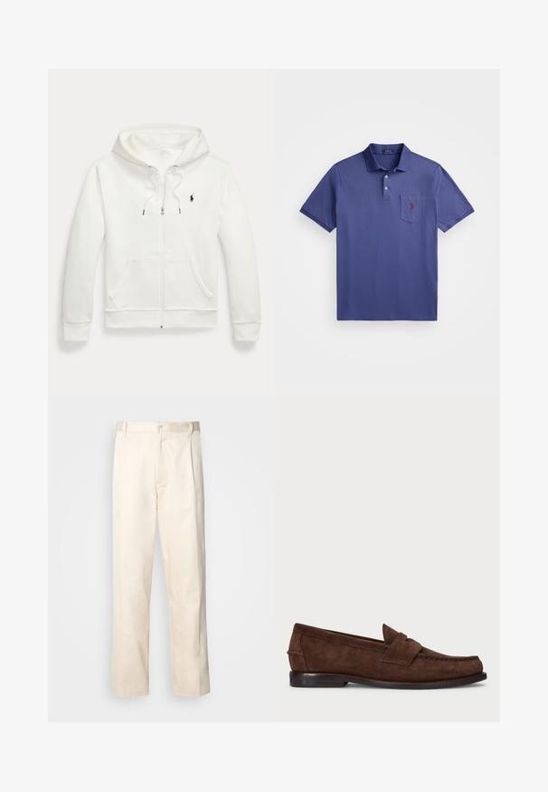 Bílá mikina na zip vyrobená z měkkého materiálu, s klokaní kapsou, kapucí se stahovacími šňůrkami a malým černým logem na levé hrudi.; Fialové polo tričko vyrobené z bavlny, s tříknoflíkovou légou, krátkými rukávy a náprsní kapsou s vyšitým červeným logem.; Bežové bavlněné kalhoty se střihy rovného nohavice, s knoflíkovým zapínáním a záhyby vpředu pro zvýraznění detailu.; Hnědé semišové mokasíny s hladkou texturou, šitím ve stylu mokasín, nízkým podpatkem a ozdobným páskem přes přední část.