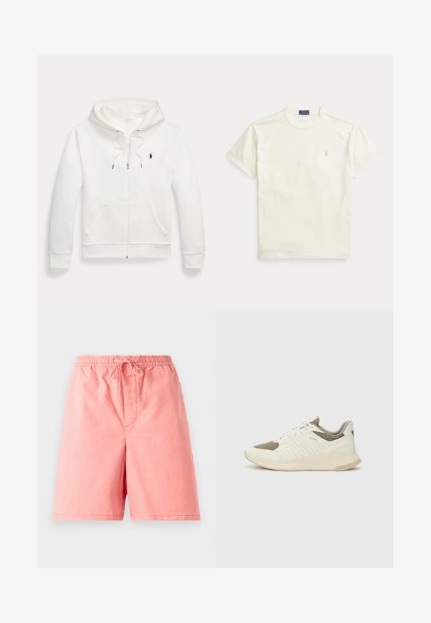 Biała bluza na zamek, wykonana z miękkiego materiału, z kieszenią typu kangur, kapturem ze sznurkiem oraz małym czarnym logo na lewej piersi.; Bawełniana koszulka w kolorze kremowym z krótkimi rękawami. Posiada subtelne haftowane logo na lewej piersi oraz okrągły dekolt.; Jasnoróżowe szorty z bawełny, z elastycznym paskiem w talii i sznurkiem do regulacji, oraz jedną przednią kieszenią z przeszytym szwem.; Białe i jasnobeżowe sneakersy sportowe, z siateczkową cholewką, perforowanymi detalami oraz teksturowaną podeszwą śródstopia z brandingiem na pięcie.