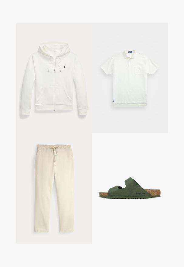 Balta kapuce ar rāvējspīgu, izgatavota no mīksta auduma, ar kangaru kabatu, pielāgojamu kapuci un mazu melnu logotipu kreisajā krūtī.; Balta polo krekls, izgatavots no kokvilnas, ar klasisku apkakli, trīs pogu aizdari un kreisajā krūtī kabatu; neliels logo apakšmalā.; Off-white ikdienas bikses ar elastīgu jostu un auklu, taisnām kājām un sānu kabatām uz vienkārša fona.; Zaļas Birkenstock sandales ar divām izgrieztām siksnām, korķa zolēm un teksturētu ārējo apdari. Zole ir plakanā forma ar neslīdošu dizainu.
