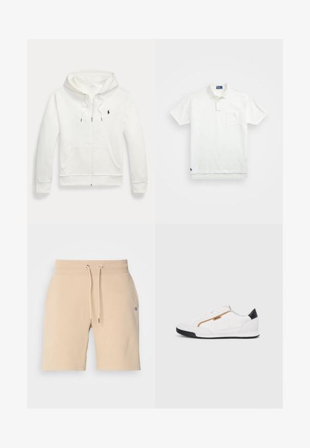 Polo Ralph Lauren FULL ZIP HOODIE - Sweat zippé - white; Polo shirt blanc en coton, avec un col classique, une patte de boutonnage à trois boutons et une poche sur la poitrine à gauche ; petit logo en bas.; Shorts en coton beige avec une taille élastique, un cordon de serrage réglable et des poches latérales. Présente un petit logo sur la cuisse gauche.; Baskets blanches avec des accents en maille et en cuir. Caractéristiques d'un logo "BOSS" doré, de panneaux latéraux texturés et d'un capuchon de talon noir. Semelle en caoutchouc.