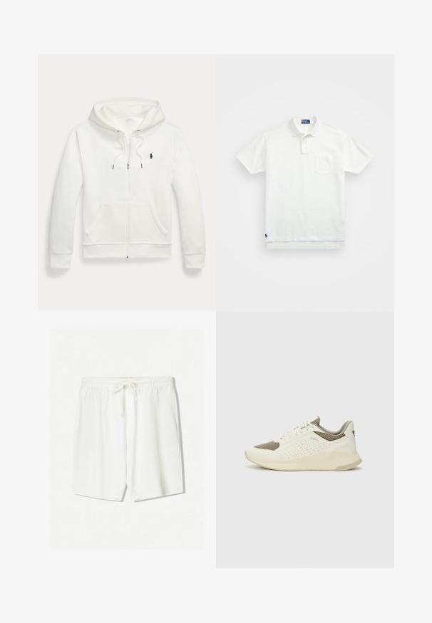 Witte zip-up hoodie van zacht materiaal, met een kangoeroezak, trekkoordcapuchon en een klein zwart logo op de linkerborst.; Witte poloshirt van katoen, met een klassieke kraag, een knoopsluiting met drie knopen en een borstzak aan de linkerkant; klein logo aan de onderrand.; Witte sportieve shorts van lichtgewicht stof, met een elastische tailleband en een trekkoord, en zijzakken. Zachte textuur.; Witte en lichtbeige sport sneaker, met een bovenwerk van mesh, geperforeerde details en een gestructureerde tussenzool met branding op de hiel.