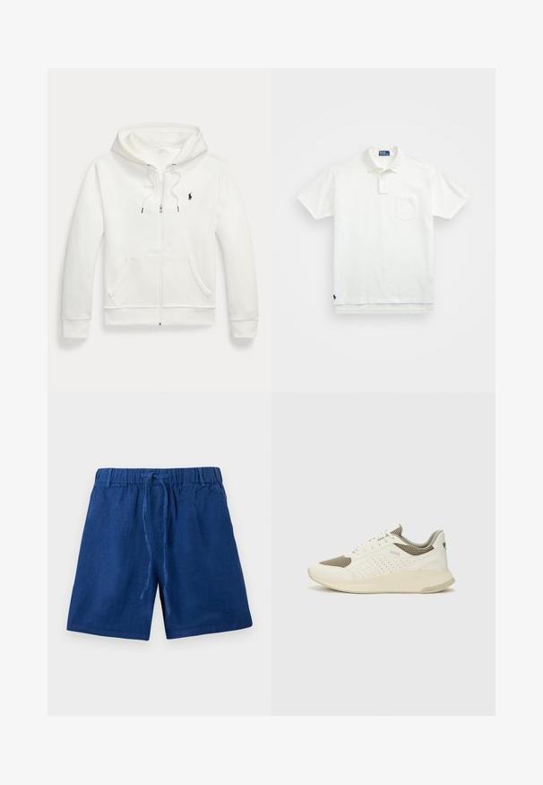 Balta kapuce ar rāvējspīgu, izgatavota no mīksta auduma, ar kangaru kabatu, pielāgojamu kapuci un mazu melnu logotipu kreisajā krūtī.; Balta polo krekls, izgatavots no kokvilnas, ar klasisku apkakli, trīs pogu aizdari un kreisajā krūtī kabatu; neliels logo apakšmalā.; Zili, ikdienas šorti ar elastīgu jostasvietu un saistāmām auklām, izgatavoti no viegla auduma.; Baltas un gaiši bež sporta apavi, ar sieta augšdaļu, perforētiem detaļām un teksturētu vidusdaļu ar zīmolu uz papēža.