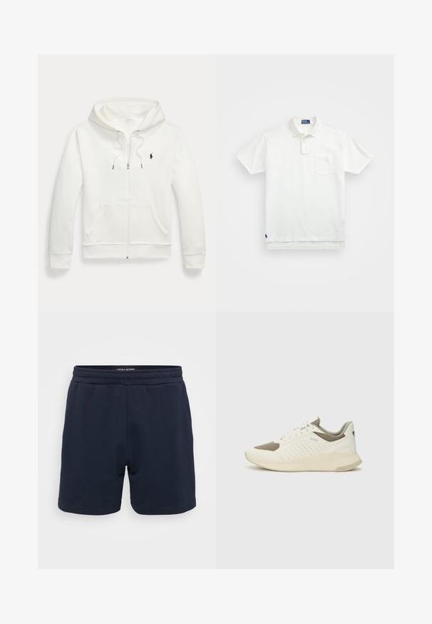 Sudadera blanca con cremallera fabricada en un tejido suave, con un bolsillo tipo canguro, capucha con cordón y un pequeño logo negro en el lado izquierdo del pecho.; Camisa polo blanca de algodón, con un collar clásico, una tapeta de tres botones y un bolsillo en el pecho izquierdo; pequeño logo en el dobladillo.; Pantalones cortos de algodón color azul marino con cintura elástica, que cuentan con una textura suave y dobladillos cosidos. Pequeño logotipo de la marca en el lateral.; Zapatilla deportiva en blanco y beige claro, con parte superior de malla, detalles perforados y una mediasuela texturizada con la marca en el talón.