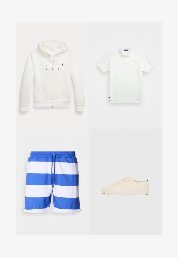 Biała bluza na zamek, wykonana z miękkiego materiału, z kieszenią typu kangur, kapturem ze sznurkiem oraz małym czarnym logo na lewej piersi.; Biała koszulka polo wykonana z bawełny, z klasycznym kołnierzykiem, trzema guzikami oraz kieszonką na lewym piersi; małe logo na dolnym brzegu.; Niebiesko-białe szorty kąpielowe w paski, wykonane z lekkiego materiału, z elastycznym pasem ze sznurkiem i gładką fakturą.; Beżowe trampki z płóciennym wierzchem, okrągłym noskiem, płaską gumową podeszwą oraz sznurówką z przodu. Charakteryzują się minimalistycznym designem i kontrastowym czarnym akcentem na pięcie.