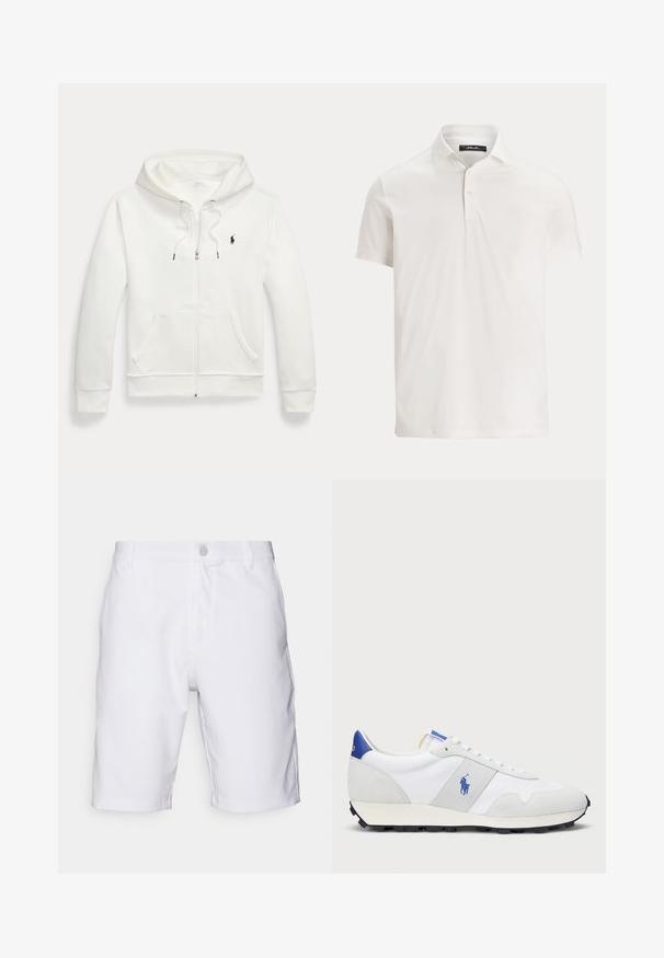 Bílá mikina na zip vyrobená z měkkého materiálu, s klokaní kapsou, kapucí se stahovacími šňůrkami a malým černým logem na levé hrudi.; Pánské bílé polo tričko s krátkým rukávem, límečkem, dvěma knoflíky a jemnou logovou štítkem na vnitřním límci.; Bílé šortky vyrobené z hladké tkaniny, s klasickým designem, knoflíkovým zapínáním a kapsami. Čisté linie a žádné viditelné vzory.; Bílé atletické tenisky se šedými semišovými akcenty, vrchní část z yesu, modrý pata a černá gumová podrážka. Disponují šněrováním a logem.