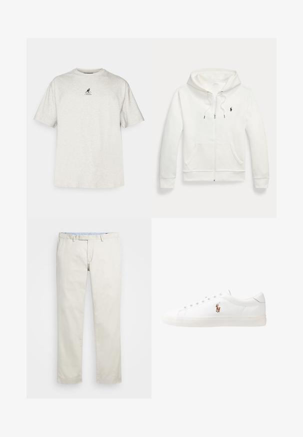 Balta užtraukiama džemperis, pagamintas iš minkštos medžiagos, su kengūros tipo kišene, reguliuojama gobtuve ir mažą juodą logotipą kairėje krūtinės pusėje.; Šviesiai pilkas trumpomis rankovėmis medvilninis marškinėlis su apvaliu iškirpimu ir mažuoju juodu logotipu, kuriame pavaizduotas kengūra, ant krūtinės.; Šviesiai rudi medvilniniai chinos tipo kelnės su plokščiu priekiniu dizainu, diržo kilpomis ir šoninėmis kišenėmis. Tiesaus kirpimo dizainas su lygiu paviršiumi ir lengvu, kvėpuojančiu jausmu.; Baltos odinės sportbačiai, žemo profilio, su lygia tekstūra, apvalia nosimi, raištelių sistema priekyje ir mažyte siuvinėta logo šone.