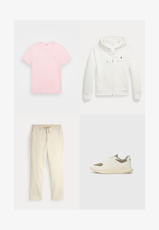 Bílá mikina na zip vyrobená z měkkého materiálu, s klokaní kapsou, kapucí se stahovacími šňůrkami a malým černým logem na levé hrudi.; Polo Ralph Lauren CUSTOM SLIM FIT JERSEY CREWNECK T-SHIRT - Jednoduché tričko - garden pink; Krémové casual kalhoty s elastickým pasem a stahovací šňůrkou, rovné nohavice a boční kapsy na jednoduchém pozadí.; Bílé a světle béžové atletické tenisky, které mají síťovaný svršek, perforované detaily a texturovanou mezipodešev s logem na patě.