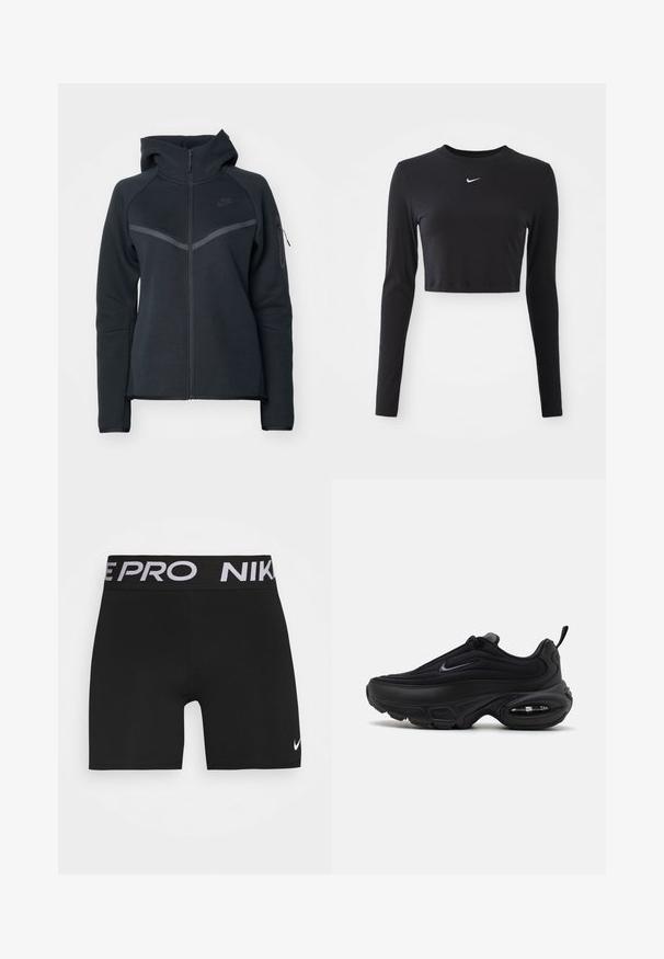 Svart zip-up hettegenser med høy krage, kontrasterende grå detaljer og en sidelomme med glidelås. Laget av mykt fleece-materiale med en tettsittende design.; Svart langermet cropped topp laget av glatt stoff, med rund hals og en hvit Nike-logo på brystet.; Svart idrettsshorts med en bred svart linning som har "NIKE PRO" i hvit skrift. Inkluderer en liten hvit Nike Swoosh-logo på benet.; Svart atletisk sko med en jevn, teksturert overdel. Har rund tå, polstret krage og synlig luftputefor i sålen.