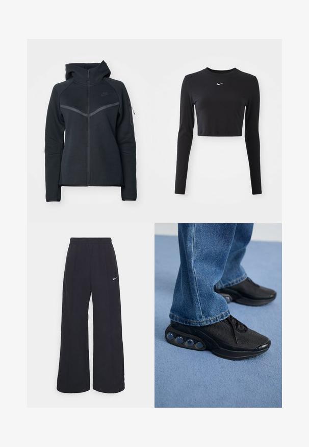 Mustat vetoketjuhupparit, joissa on korkea kaulus, kontrastivärisiä harmaita yksityiskohtia ja sivuvetoketjullinen tasku. Valmistettu pehmeästä fleece-materiaalista ja istuvasta muotoilusta.; Mustat pitkät hihat crop-top, joka on valmistettu sileästä kankaasta. Siinä on pyöreä pääntie ja valkoinen Nike-logo rinnassa.; Mustat leveät housut, joissa on joustava vyötärönauha ja pieni valkoinen Nike-logo. Kangas on sileä, suunniteltu mukavuutta ja rentoa käyttöä varten.; Mustat urheilukengät, joissa on verkkomateriaali, teksturoituja yksityiskohtia ja näkyvät ilmatyynyllä varustetut pohjat. Yhdistettynä sinisiin farkkuihin.