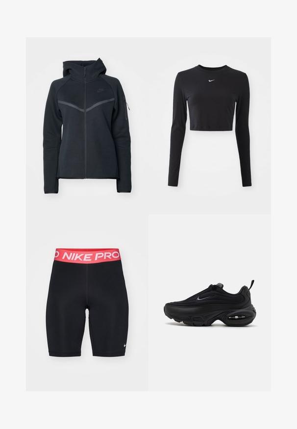 Schwarze Zip-Hoodie mit hohem Kragen, kontrastierenden grauen Akzenten und einer seitlichen Reißverschlusstasche. Hergestellt aus weichem Fleece-Material mit taillierter Passform.; Schwarzes, langärmliges cropped Top aus glattem Stoff, mit Rundhalsausschnitt und einem weißen Nike-Logo auf der Brust.; Schwarze Sportshorts mit einem roten und weißen elastischen Bund "NIKE PRO", glatte Textur und taillierte Passform, mit einem kleinen Logo am Unterschenkel.; Schwarzer Sportschuh mit einem glatten, strukturierten Obermaterial. Verfügt über eine runde Zehenpartie, einen gepolsterten Kragen und sichtbare Luftpolsterung in der Sohle.
