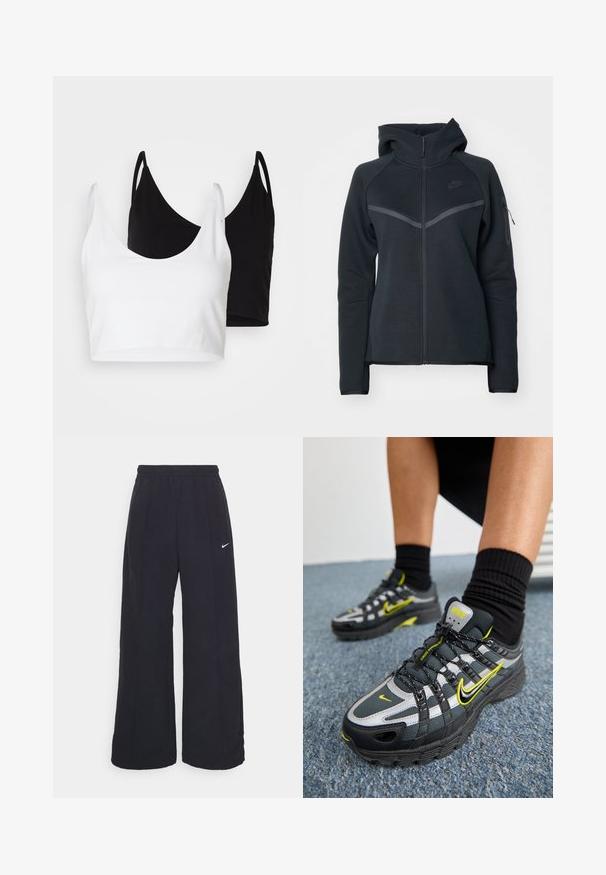 Juodas zip-up džemperis su aukštu gaubtu, kontrastingais pilkais akcentais ir šonine užtrauktuko kišene. Pagamintas iš švelnaus fliso medžiagos su prigludusia forma.; Du dujų medvilnės marškinėliai balti ir juodi. Kiekvienas turi giliai iškirptą iškirptę ir plonas petnešas, pasižyminčius lygiu, švelniu tekstūru.; Juodos plačios kojos kelnės su elastinga liemene ir mažuoju baltu Nike logotipu. Audinys turi lygią tekstūrą, sukurtas patogumui ir kasdieniam nešiojimui.; Juodos ir pilkos sportinės bateliai su atspindinčiais sidabriniais akcentais, tekstūruotais akių paneliais ir ryškiai geltonais detalėmis. Daili suvarstymo konstrukcija su tvirtu padu.