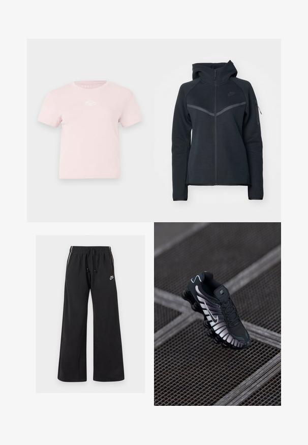Mustat vetoketjuhupparit, joissa on korkea kaulus, kontrastivärisiä harmaita yksityiskohtia ja sivuvetoketjullinen tasku. Valmistettu pehmeästä fleece-materiaalista ja istuvasta muotoilusta.; Vaaleanpunainen puuvillapaita lyhyillä hihoilla, pyöreä kaula-aukko ja pieni valkoinen logo Koristeena rinnassa. Suunnittelun sileä rakenne ja rento tyyli.; Mustat collegehousut pehmeästä kankaasta, joissa on joustava vyötärö, jossa on naru, sivuaukeamat ja pieni logo vasemmassa etuosassa.; Musta urheilukenkä, jossa on teksturoitu verkkopohja, hopeiset yksityiskohdat, kaaren tuki ja pehmeä pohja, jossa on selkeäSegmentoitu muotoilu.
