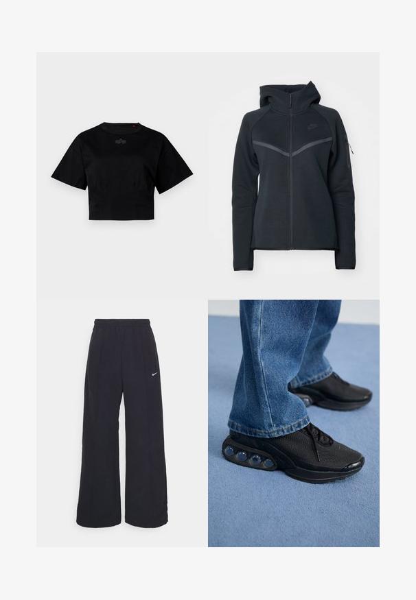 Črna zip-up kapuca z visokim ovratnikom, kontrastnimi sivo-rjavimi detajli in stransko zadrgo. Narejena iz mehke flisne tkanine s prilegajočim se krojem.; Črna skrajšana majica iz bombaža. Ima kratke rokave in okrogel izrez. Vključuje diskretno logotipno podrobnost na prsih.; Črne široke hlače s elastiko v pasu in malim belim logotipom Nike. Tkanina ima gladko teksturo, zasnovano za udobje in sproščeno nošenje.; Črne športne superge z mrežastim zgornjim delom, teksturiranimi poudarki in vidnimi zračnimi blazinicami v podplatu. Obute z modrimi kavbojkami.