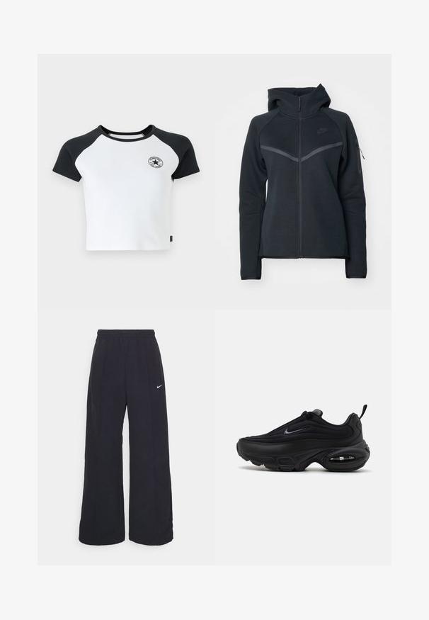 Sort zip-hoodie med høj krave, kontrasterende grå detaljer og en sidelomme med lynlås. Fremstillet af blødt fleece-materiale med en tætsiddende pasform.; Kortærmet raglan t-shirt i hvid med sorte ærmer, med en rund hals og et cirkulært logo på brystet. Fremstillet af bomuldsstof.; Sorte brede bukser med elastisk talje og et lille hvidt Nike-logo. Stoffet har en glat tekstur, designet til komfort og afslappet brug.; Sort atletiksko med en glat, struktureret overdel. Har en rund tå, polstret krave og synlig luftdæmpning i sålen.