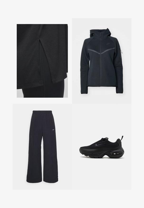 Juodas zip-up džemperis su aukštu gaubtu, kontrastingais pilkais akcentais ir šonine užtrauktuko kišene. Pagamintas iš švelnaus fliso medžiagos su prigludusia forma.; Juodas sportinis viršus su šonine skyle, pagamintas iš lygaus audinio. Dizainas apima suapvalintą hemą ir prigludusią šią į juodus leginius.; Juodos plačios kojos kelnės su elastinga liemene ir mažuoju baltu Nike logotipu. Audinys turi lygią tekstūrą, sukurtas patogumui ir kasdieniam nešiojimui.; Juodas sportinis batas su lygiu, tekstūruotu paviršiumi. Turi apvalų nosį, paminkštintą apykaklę ir matomą oro pagalvę padais.