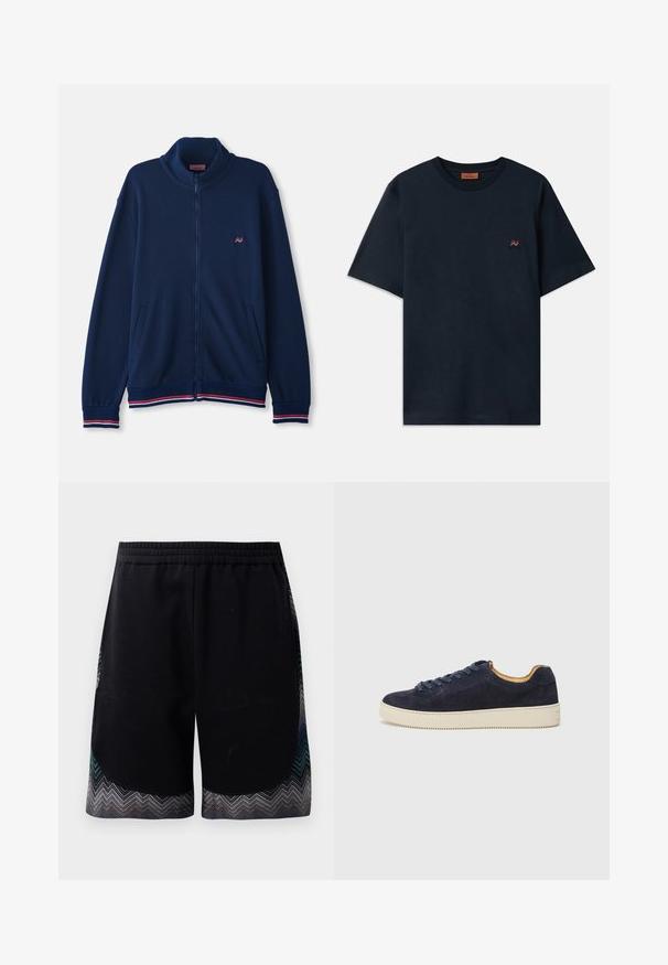 Tamsiai mėlynas užtraukiamas džemperis su aukšta apykakle, rausvomis ir baltomis juostelėmis ant rankovių ir apačios; pagamintas iš minkštos, tekstūrinės medžiagos.; Tamsiai mėlynas medvilninis marškinėlis su apvali iškirpte ir trumpomis rankovėmis. Ant krūtinės yra mažas raudonas ir baltas zigzago logotipas.; Juodos sportinės šortai su elastingu juosmeniu ir zigzago rašto apatine dalimi, kuri yra mėlynos, pilkos ir juodos spalvų. Medžiaga atrodo minkšta ir lengva.; Jūros laivyno zomšiniai žemakulniai sportbačiai su apvaliu nosiu, šviesiai balta guma sole ir atitinkančiomis raištelėmis; turi kontrastingą tan spalvos vidinę pamušalą.