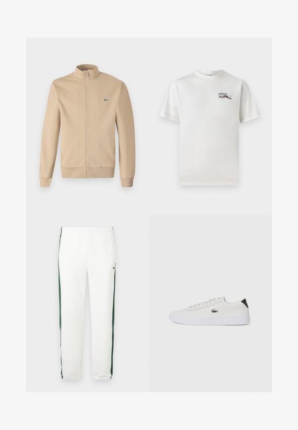 Šviesiai rudos spalvos užtraukiamas džemperis su stojančiu apykakle, minkšta medžiaga, raštuotos rankogaliai ir mažas žalias Lacoste logotipas ant krūtinės. Paprastas ir minimalistinis dizainas.; Baltas medvilninis marškinėliai su apykakle, trumpomis rankovėmis ir mažas siuvinėtas logotipas, vaizduojantis kalnus ir tekstą ant kairiojo krūtinės.; Baltos sportinės kelnės su žaliais šonais, elastinga juosta ir siaurėjančiais rankogaliais, pagamintos iš minkštos medvilnės mišinio medžiagos. Maža logo šone.; Balti odiniai sportbačiai su apvalia nosimi, raištelių užsegimu priekyje ir juodu akcentu ant kulno. Šone yra mažas išsiuvinėtas krokodilo logotipas.