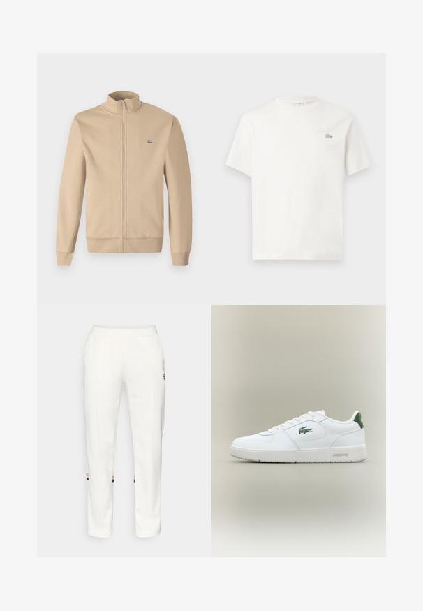 Μπεζ ζακέτα με φερμουάρ και όρθιο γιακά, μαλακό ύφασμα, ριμπ μανσέτες και μικρό πράσινο λογότυπο Lacoste στο στήθος. Απλός και μινιμαλιστικός σχεδιασμός.; Λευκό βαμβακερό μπλουζάκι με κοντό μανίκι, που διαθέτει ένα διακριτικό κεντημένο λογότυπο και μινιμαλιστικό σχέδιο. Μαλακή υφή, στρογγυλή λαιμόκοψη.; Λευκά παντελόνια τζόγκινγκ από μαλακό ύφασμα, με πλαϊνές τσέπες και χρωματιστές ρίγες στον αστράγαλο με πορτοκαλί και μπλε λεπτομέρειες.; Λευκό δερμάτινο sneaker με λεία επιφάνεια, πράσινες λεπτομέρειες στη φτέρνα και πράσινο λογότυπο στο πλάι. Διαθέτει επίπεδο σόλο και στρογγυλή μύτη.