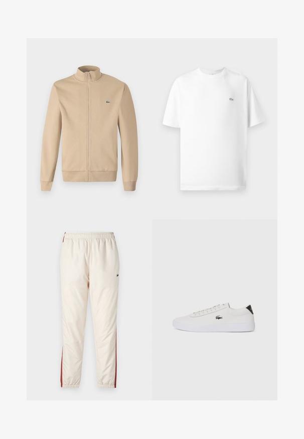Μπεζ ζακέτα με φερμουάρ και όρθιο γιακά, μαλακό ύφασμα, ριμπ μανσέτες και μικρό πράσινο λογότυπο Lacoste στο στήθος. Απλός και μινιμαλιστικός σχεδιασμός.; Λευκή βαμβακερή μπλούζα T-shirt με στρογγυλή λαιμόκοψη και κοντά μανίκια. Διαθέτει ένα μικρό μαύρο λογότυπο Lacoste στην αριστερή πλευρά του στήθους.; Ανοιχτό μπεζ φόρμες με ελαστική μέση, με κόκκινες λωρίδες στο πλάι και μικρό λογότυπο. Λείος, γυαλιστερός υφάνσεις. Χουφτωμένα μπατζάκια.; Λευκό δερμάτινο sneakers με στρογγυλή μύτη, κορδόνια μπροστά και μαύρη λεπτομέρεια στη φτέρνα. Διαθέτει ένα μικρό κεντημένο λογότυπο κροκοδείλου στο πλάι.