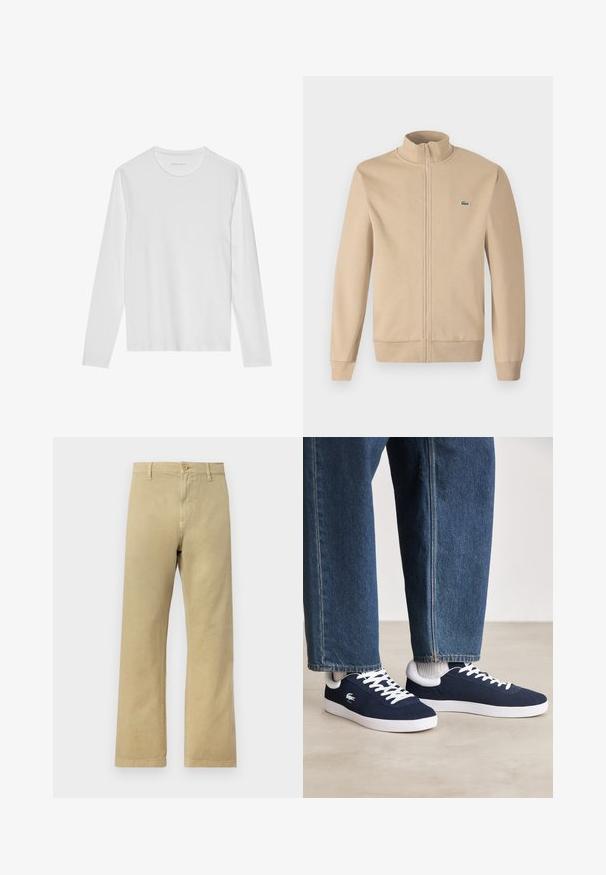Beige Zip-Jacke mit Stehkragen, weichem Stoff, gerippten Bündchen und einem kleinen grünen Lacoste-Logo auf der Brust. Einfaches und minimalistisches Design.; Langärmliges weißes T-Shirt aus weicher Stoff, mit rundem Ausschnitt und schlichter Gestaltung ohne sichtbare Muster oder Akzente.; Hellebeige Chinos mit geradem Schnitt. Hergestellt aus weichem Baumwollstoff, mit einem Frontknopfverschluss und seitlichen Taschen.; Blaue Leinenschuhe mit weißen Schnürsenkeln und Gummisohlen, präsentiert mit Jeanshosen und grauen gerippten Socken, auf einer hellgrauen Fläche.