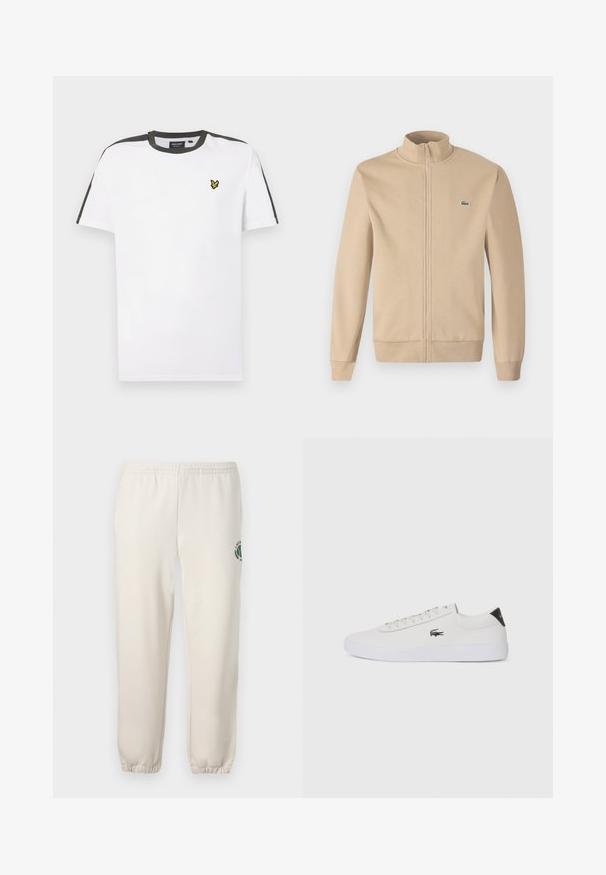 Béžová zipová bunda s stojáčkem, měkká tkanina, žebrované manžety a malé zelené logo Lacoste na hrudi. Jednoduchý a minimalistický design.; Bílý bavlněný tričko s kulatým výstřihem, černými akcenty na ramenou a malým žlutým logem na levé části hrudi. Krátké rukávy.; Světle béžové tepláky vyrobené z bavlny, s elastickým pasem, žebrovanými náplety a zeleným logem s designem listu na levé noze.; Bílé kožené tenisky s kulatou špičkou, šněrováním vpředu a černým akcentem na patě. Na boku se nachází malé vyšívané logo krokodýla.