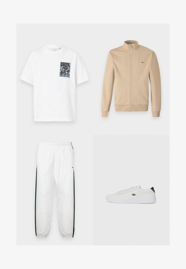 Μπεζ ζακέτα με φερμουάρ και όρθιο γιακά, μαλακό ύφασμα, ριμπ μανσέτες και μικρό πράσινο λογότυπο Lacoste στο στήθος. Απλός και μινιμαλιστικός σχεδιασμός.; Λευκό κοντομάνικο μπλουζάκι με τσέπη σε μαύρο και μπλε σχέδιο στο αριστερό στήθος. Το ύφασμα φαίνεται μαλακό; απλός, λιτός σχεδιασμός.; Λευκό παντελόνι φόρμας με σκούρα πράσινα πλαϊνά πάνελ. Ελαφρύ υλικό, ελαστική μέση και μανσέτες στο κάτω μέρος. Διαθέτει διχτυωτή υφή στα πλαϊνά πάνελ.; Λευκό δερμάτινο sneakers με στρογγυλή μύτη, κορδόνια μπροστά και μαύρη λεπτομέρεια στη φτέρνα. Διαθέτει ένα μικρό κεντημένο λογότυπο κροκοδείλου στο πλάι.