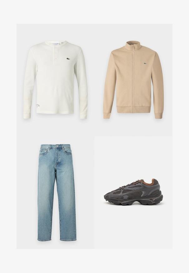 Beidzas rāvējslēdzēja jaka ar stāvošo apkakli, mīksts audums, ribotas piedurknes un neliels zaļš Lacoste logo uz krūtīm. Vienkārša un minimālisma dizains.; Ilga piedurkne krēmkrāsas ribota henley krekls, izgatavots no mīkstas kokvilnas, ar trim pogu kabatām un mazu zaļu izšūtu logotipu uz krūšu.; Gaiši zili džinsi ar brīvu piegriezumu, taisnām kājām, piecu kabatu dizainu un pogu aizdari jostasvietā. Minimālistiski izšuvumi.; Lacoste kedas tumši pelēkā krāsā ar acu audumu un sintētisko materiālu, ar teksturētu zoli un brūniem akcentiem apkaklītē un zīmola uzrakstā.
