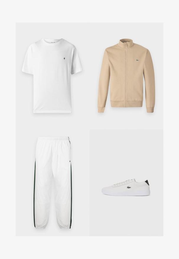 Beež kapuutsiga jakk, millel on pehme kangas, ribidega käised ja rinnal väike roheline Lacoste logo. Lihtne ja minimalistlik disain.; Valge puuvillane T-särk ümmarguse kaelusega, lühikeste varrukatega ja väikese musta logoga rinnal. Pehme tekstuur, casual sobivus.; Valged sportpüksid tumeroheline külgpanelitega. Kerge materjal, elastne vöökoht ja mansetid. Külgpanelitel on võrkmuster.; Valge nahast tenniseking ümara ninaga, lukkude ja musta kontsa aktsendiga. Külgedel on väike broderi krokodilli logo.